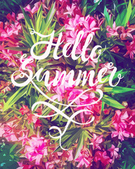 summer background with pink flowers and a beautiful inscription hello summer. Vector illustration, banner, poster for your design