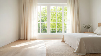 Bright room with large windows, soft curtains, and cozy bed, creating serene atmosphere