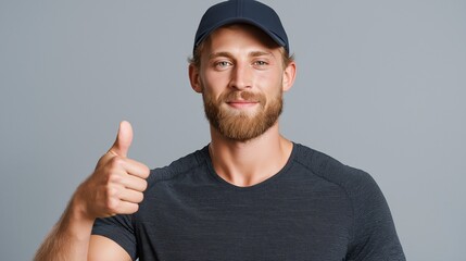 Fototapeta premium man wearing black t-shirt and black baseball cap smiles warmly with thumbs up 