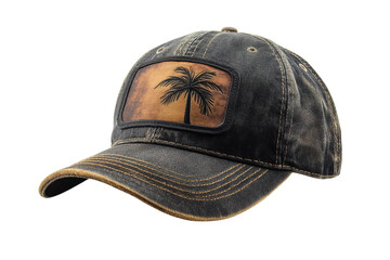 Vintage Black Trucker Cap with Palm Tree Patch Distressed Denim Look on on transparent background