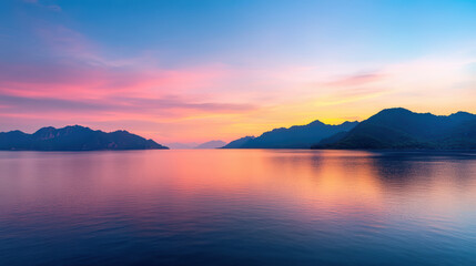 Fototapeta premium serene sunset over calm waters reflects vibrant colors, creating peaceful atmosphere