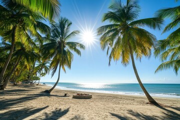 Obraz premium Palm trees reaching towards the sun on a beautiful sandy beach scene