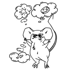 Cute cartoon mouse dreaming about cheese, stars and love. Black and white line art perfect for kids, coloring pages, education, and design projects. Fun and imaginative hand-drawn style.
