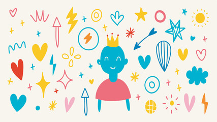 Line kid pencil color brush hand drawn chalk vector element set. Texture brush chalk stroke kid heart, star, arrow element hand drawn sketch scribble. Crayon pencil style. 