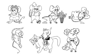 Set of cute cartoon mouse characters in various poses and costumes. Hand-drawn black and white line art illustration perfect for coloring books, educational materials, kids' games