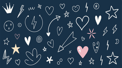 Line kid pencil color brush hand drawn chalk vector element set. Texture brush chalk stroke kid heart, star, arrow element hand drawn sketch scribble. Crayon pencil style. 