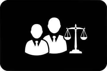 Law and Justice Icon: A bold and minimalist icon depicting a lawyer with a scale of justice. The simple, black-and-white design conveys a sense of authority and legal representation.
