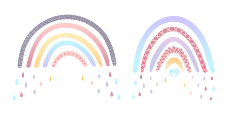 Set of two hand-drawn rainbow illustrations in soft pastel colors. One rainbow features warm pink and violet tones with cute heart and scallop details, while the other has blue and pink accents