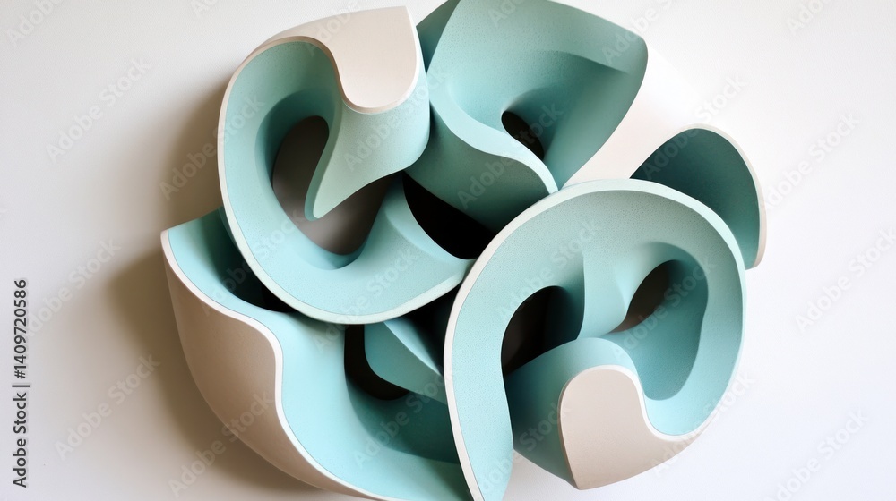 Poster an abstract sculpture that features fluid shapes with harmonious curves and a calming color palette 