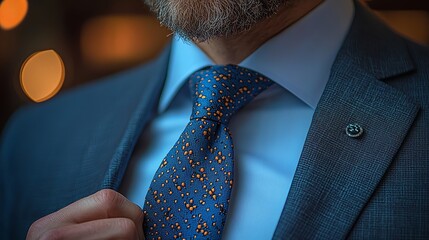Close up of a man in a suit adjusting his blue tie with orange dots and wearing a lapel pin on his jacket