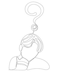 Cute continuous line sketch character man with question mark decoration line art male boy confused idea question mark quiz questionnaire choose continuous line hand drawn png vector.
