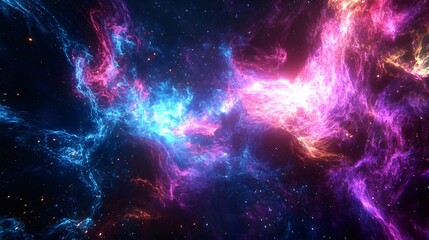 Naklejka premium Cosmic Canvas: An awe-inspiring nebula ablaze with vibrant hues of cyan, magenta, and violet, reminiscent of celestial artistry.