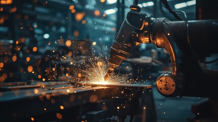 Robotic welding machine creates sparks in a modern manufacturing facility during evening work hours