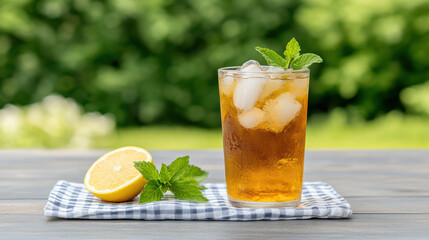 Refreshing iced tea with lemon and mint on picnic table