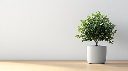 Serene Minimalist Home Decor: Small Green Plant in White Pot on Wooden Surface Against White Wall
