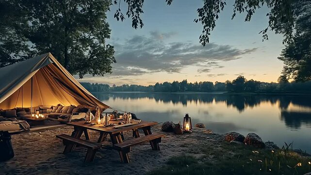 Luxury Lakeside Camping: Tranquil Sunset Glamping