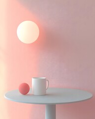 Minimalist Morning Scene: A stark minimalist aesthetic features a pristine white mug set on a circular table.