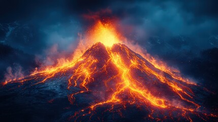 Dramatic volcanic eruption scene with lava flows against a cloudy sky
