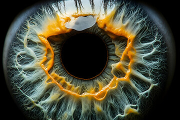 Close-up human eye, iris detail, dark background