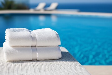 Folded white towels on wicker lounge by outdoor pool