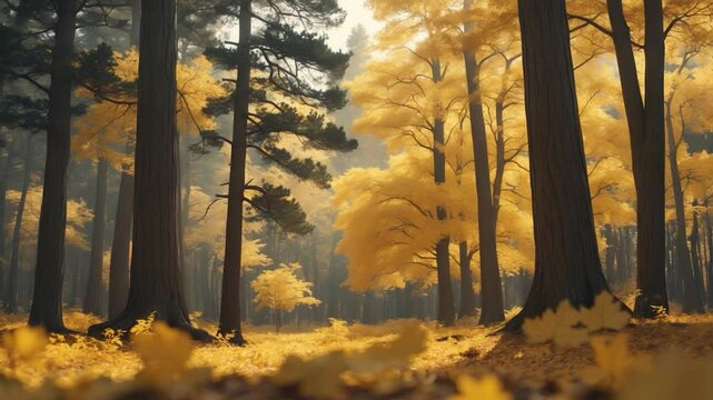 Fall woodland scene. Pine and broadleaf trees adorned with golden foliage. Focused view.