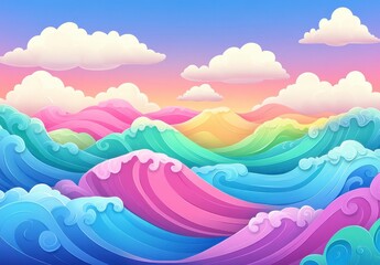 Colorful Waves and Clouds in a Whimsical Ocean Landscape Scene