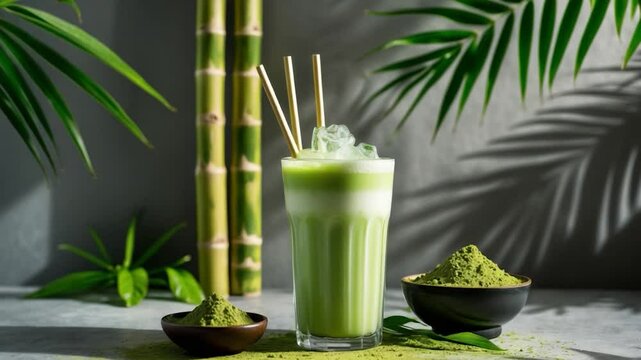 Matcha green tea latte showcased in a glass with bamboo tubes and matcha powder in a cup set against a gray background with palm leaves.