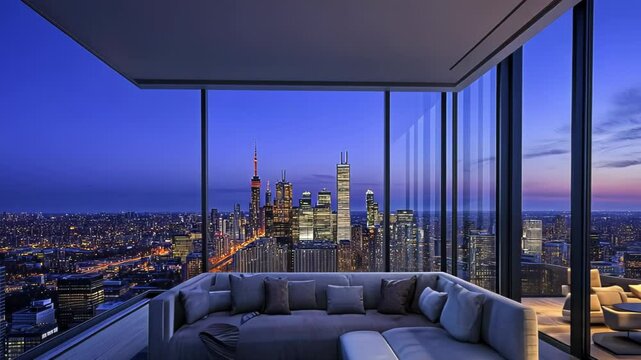 Cityscape penthouse lounge at twilight