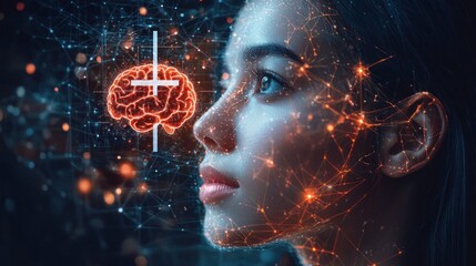 AI-enhanced human face with neural network overlay