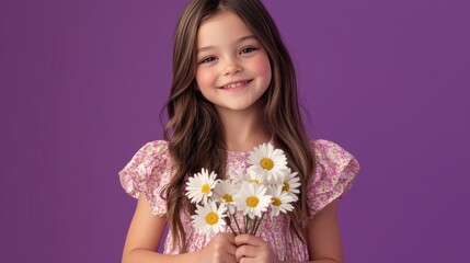 Fototapeta premium Happy Little Girl Holding Daisies Against Purple Background