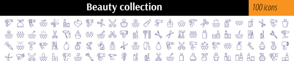 Beauty Line Icon Set. Skin Care, Scissors, Hair Dryer, Lipstick, Perfume Outline Signs for Graphic and Web Design, Apps, Adverts, Various Cards