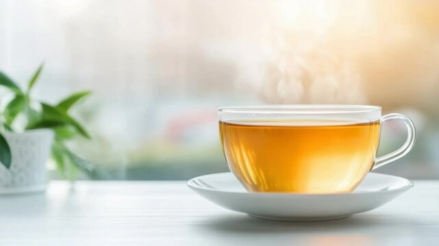 A steaming cup of tea sits invitingly on a table next to a soothing plant, capturing moments of calm and relaxation.