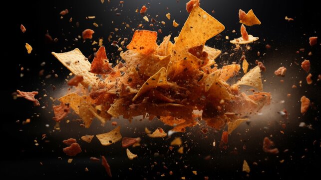 Doritos explosion concept, doritos chips bursting mid-air with seasoning dust flying