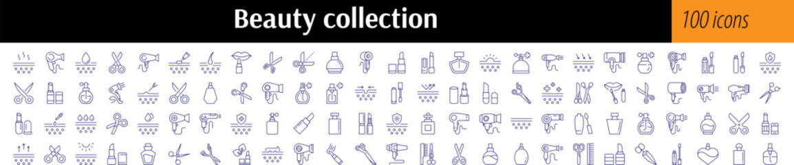 Beauty Line Icon Pack. Skin Care, Scissors, Hair Dryer, Lipstick, Perfume Outline Signs for Graphic and Web Design, Apps, Adverts, Various Cards