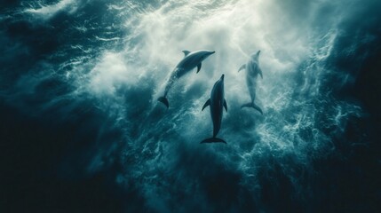 Fototapeta premium Dolphins leaping, ocean waves, underwater, marine wildlife, nature photography