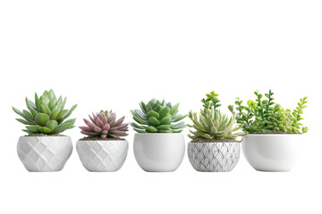 Fototapeta premium Five vibrant succulents in stylish white pots perfect for modern decor on transparent background
