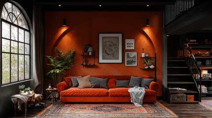 Fototapeta premium Living room interior with orange sofa artwork shelves and large window.