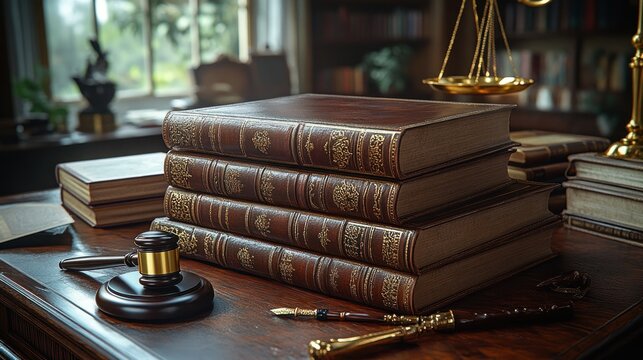 Antique law books on a wooden desk