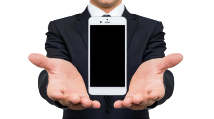 Businessman in a suit presenting a smartphone in his hands showcasing the latest mobile technology and digital solutions for modern business