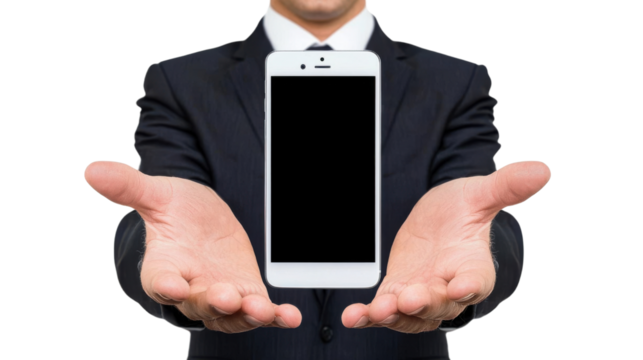 Businessman in a suit presenting a smartphone in his hands showcasing the latest mobile technology and digital solutions for modern business