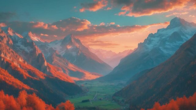 Dramatic sunset scene over alpine mountains in autumn evening near Pass. A picturesque view of nature, seasonal travel, and countryside beauty.
