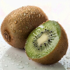 Whole and Halved Kiwi with Water Droplets on White Background