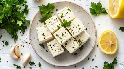 Tofu with creamy tahini dressing, parsley sprigs, garlic cloves, and lemon halves