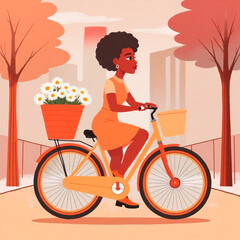 A woman with dark curly hair in a dress is riding a bicycle with a basket of daisies. Girl is riding a bicycle. Illustration for postcard design, for nature related themes. Generated by AI