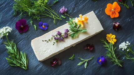 Tofu with edible flowers and herbs on stone surface, styled like a modern still life