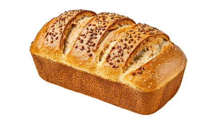 A hearty rustic loaf of freshly baked whole grain bread adorned with a sprinkling of savory sesame seeds for an artisanal touch