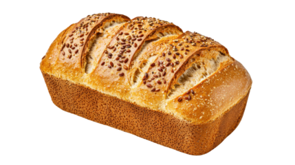 A hearty rustic loaf of freshly baked whole grain bread adorned with a sprinkling of savory sesame seeds for an artisanal touch