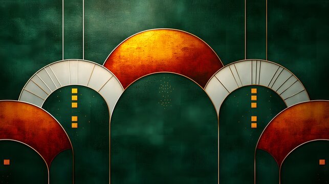 there are three arched doors with a green background and a yello