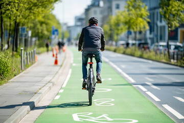 Obraz premium Cyclist enjoying a sunny bike ride on a dedicated path feeling free and peaceful