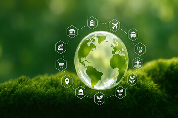 Eco-Friendly World: A vibrant depiction of the Earth, encased in a protective embrace of lush green foliage, highlighting a dedication to environmental preservation and sustainable living.